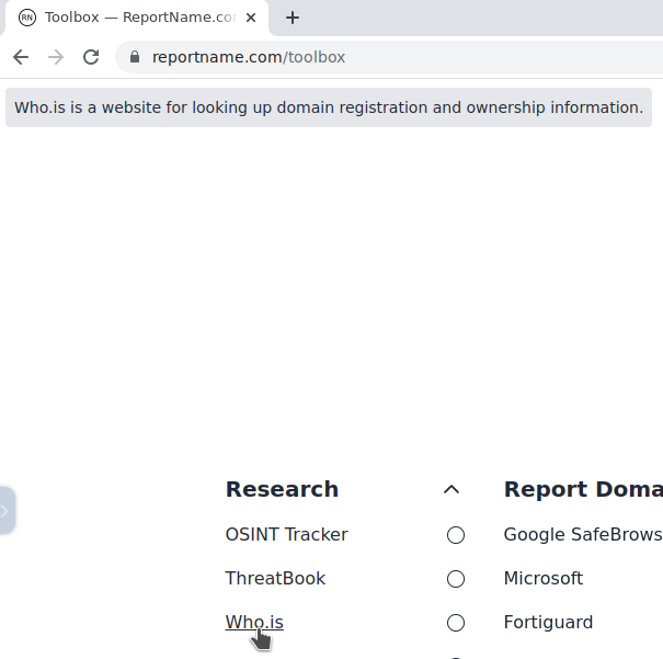 Select Who.is tool from ReportName Toolbox (image)